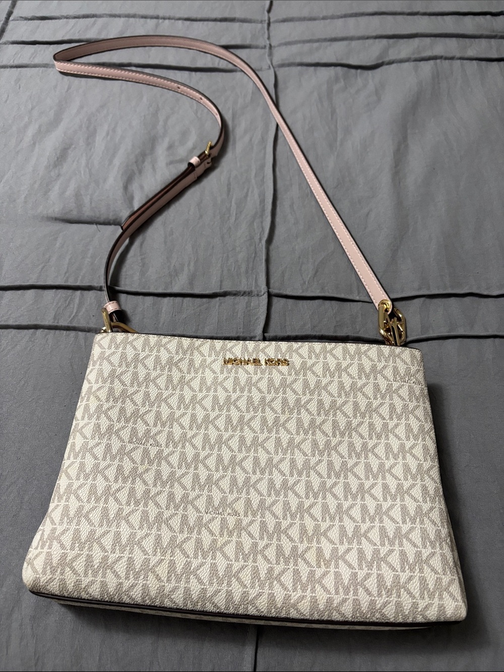 Michael Kors Cream Signature MK Crossbody with Pink Strap